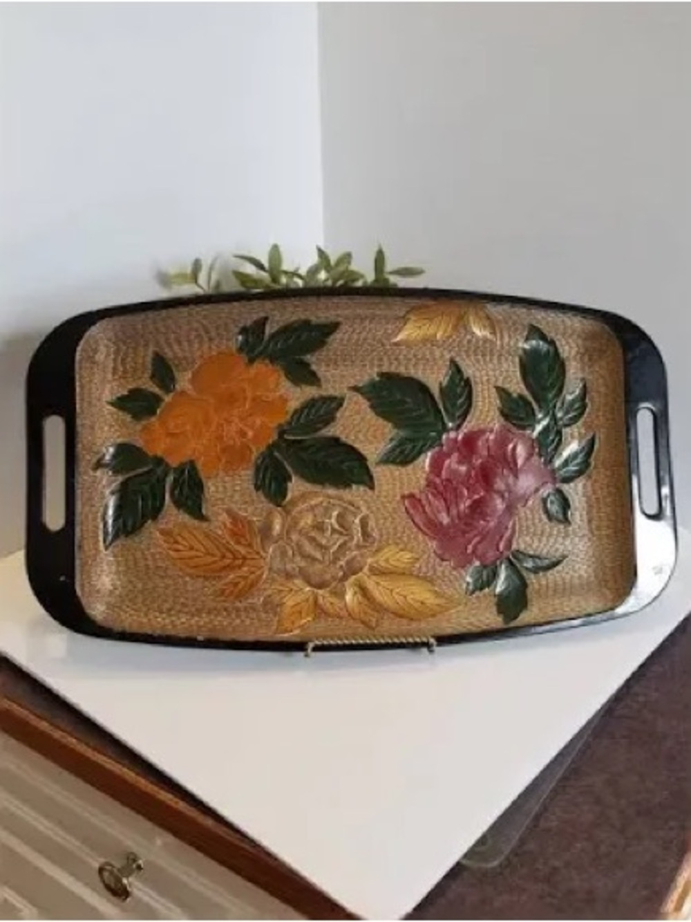 Vintage Floral Serving Tray / Mid Century Black & Gold Tole Style Tray